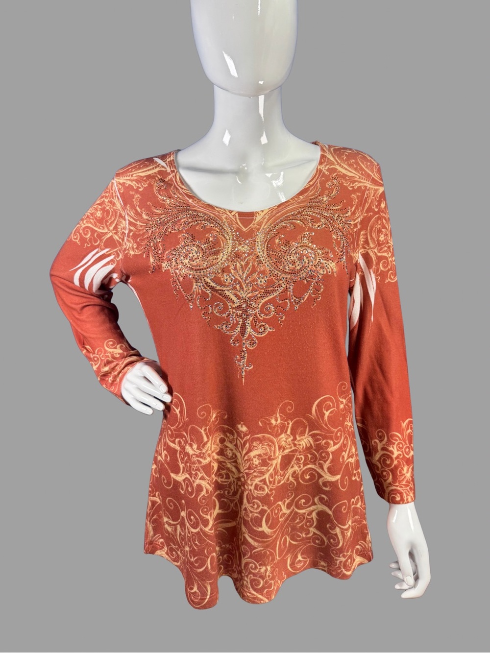 Reba Women’s Long Sleeve Patterned Rust Top with Rhinestone Embellishments